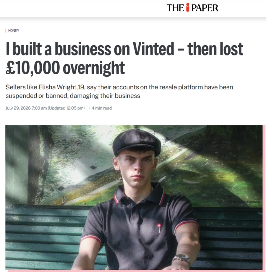 The i Paper article: 'I built a business on Vinted then lost 10,000 pounds overnight', featuring Elisha Wright of Wright Attire