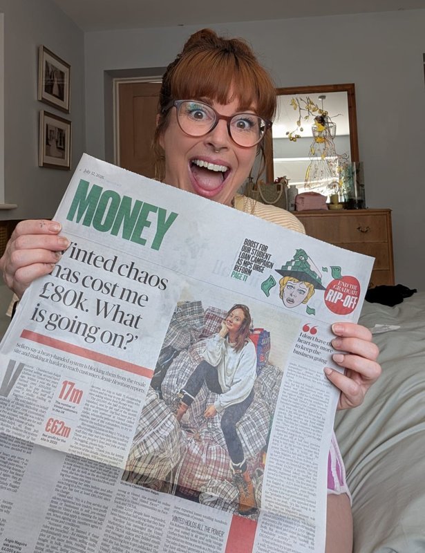 Catherine Warrilow with The Times Money section leading on the Vinted chaos story, 12 July 2026