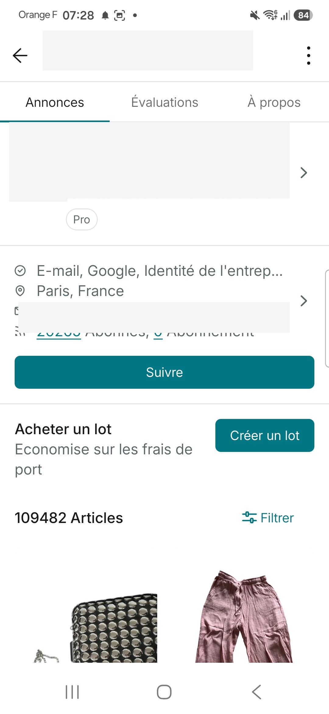 The same Vinted Pro account after restoration, showing 60,406 reviews, 20,265 followers, 109,482 active listings, a Follow button and Bundle purchase option. Account identifiers redacted.